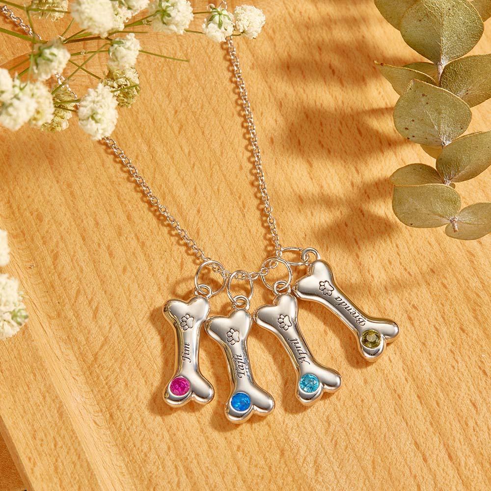 Engravable Bone Necklace With Birthstone Custom Pet Paw Pendant Gift For Pet Lovers - yournamenecklaceau