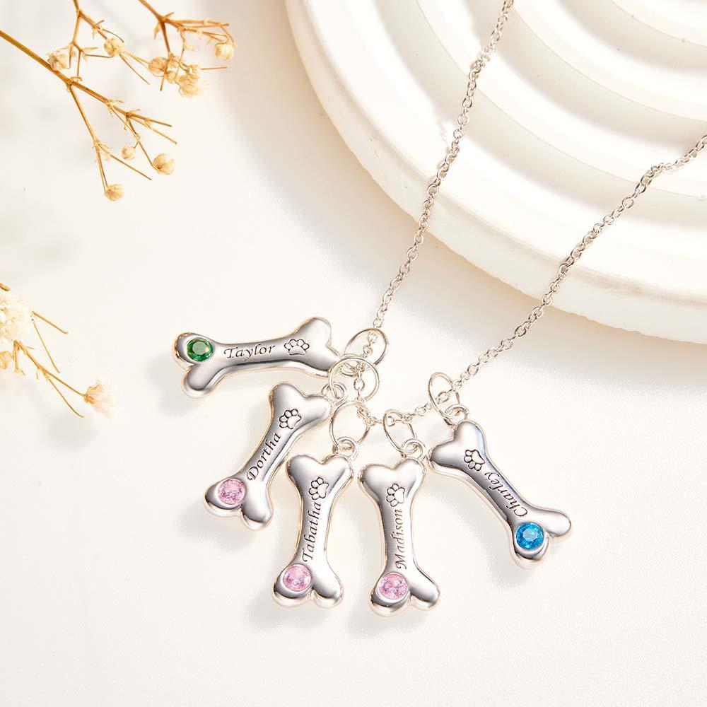 Engravable Bone Necklace With Birthstone Custom Pet Paw Pendant Gift For Pet Lovers - yournamenecklaceau