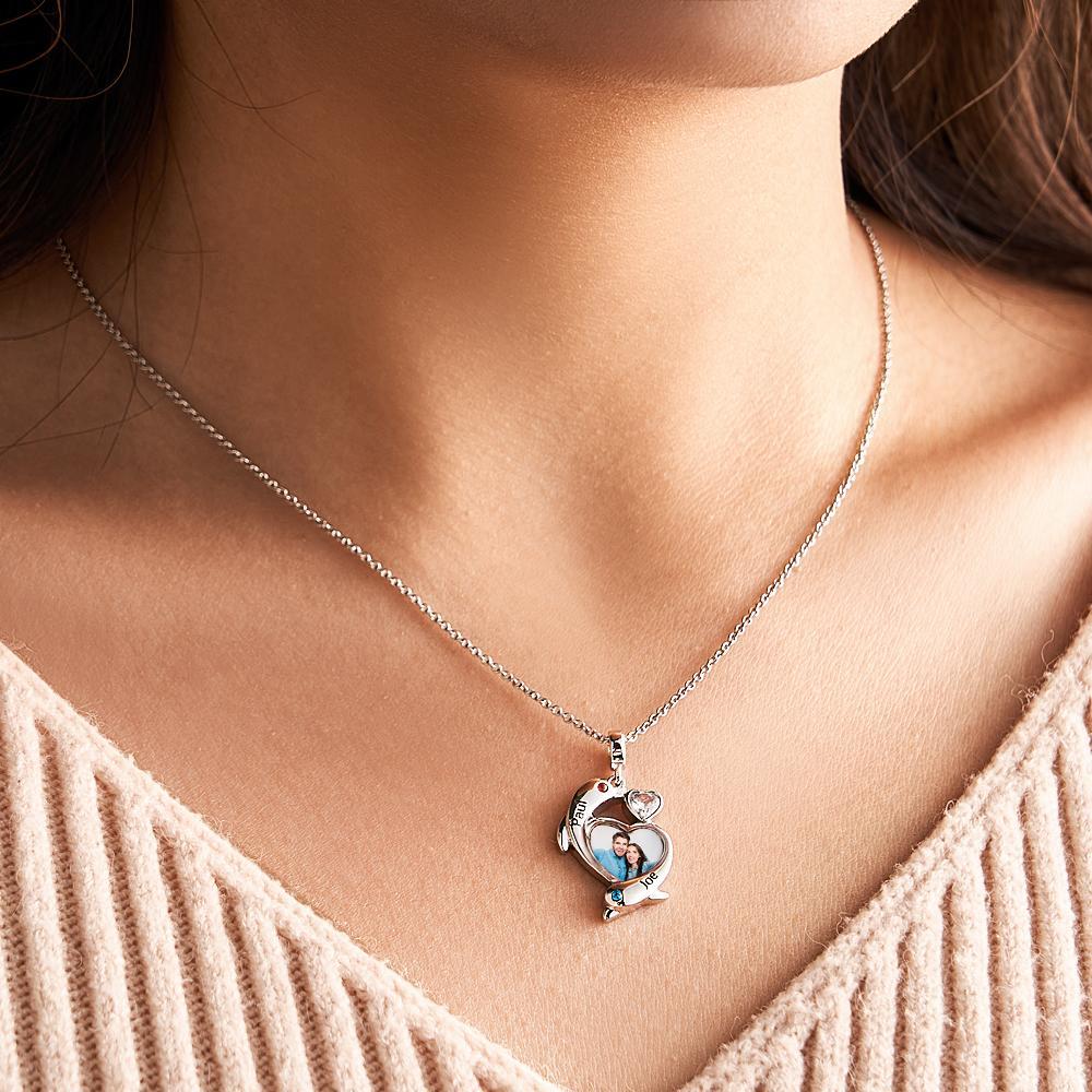 Personalized Photo Dolphin Birthstone Necklace Valentine's Day Gifts For Couples - yournamenecklaceau