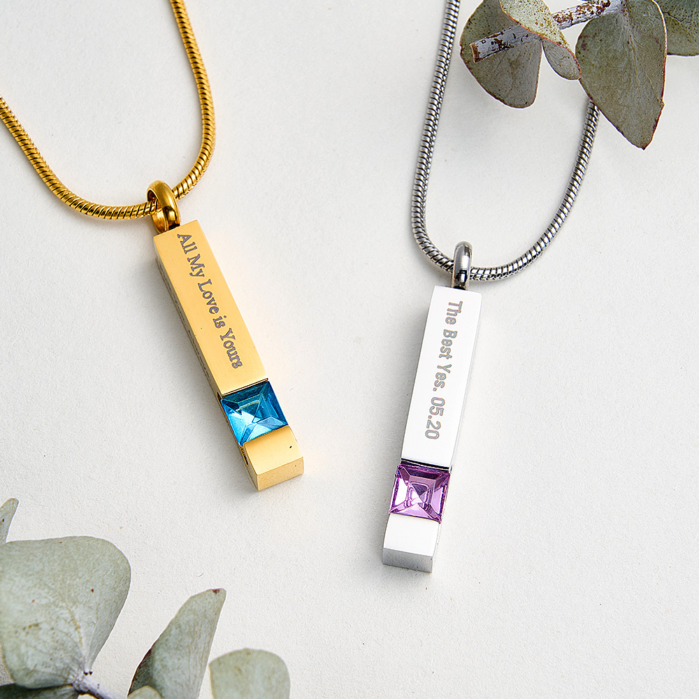Personalized Urn Necklaces for Ashes Stainless Steel Bar Cremation Necklace Memorial Ashes Necklace Crystal Birthstone Ashes Necklace - NameNecklaceAU