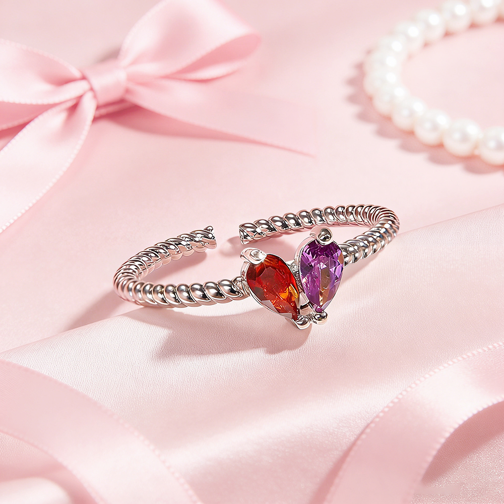 Personalized Partner Birthday Month Ring Custom Couple Birthstones Ring Adjustable Heart Birthstone Ring Gift for Her - NameNecklaceAU