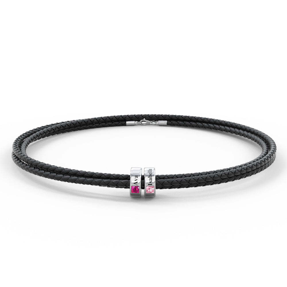 Custom Engraved Name Leather Bracelet With Birthstone Beads for Him - yournamenecklaceau