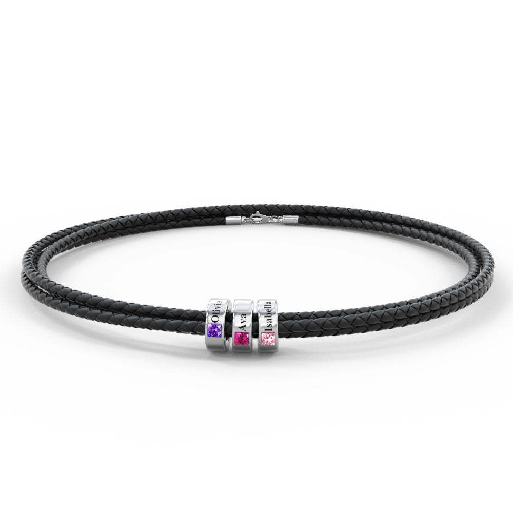 Custom Engraved Name Leather Bracelet With Birthstone Beads for Him - yournamenecklaceau