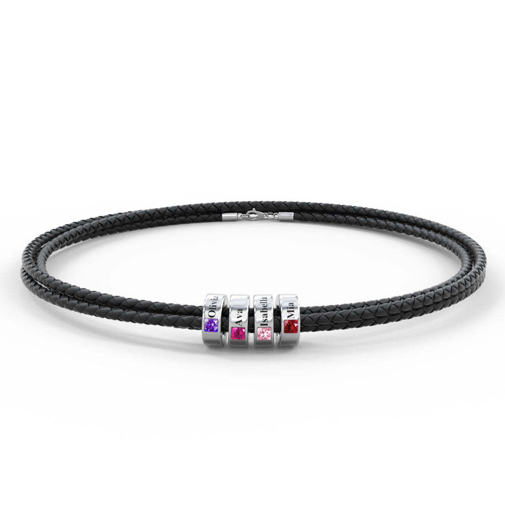 Custom Engraved Name Leather Bracelet With Birthstone Beads for Him - yournamenecklaceau
