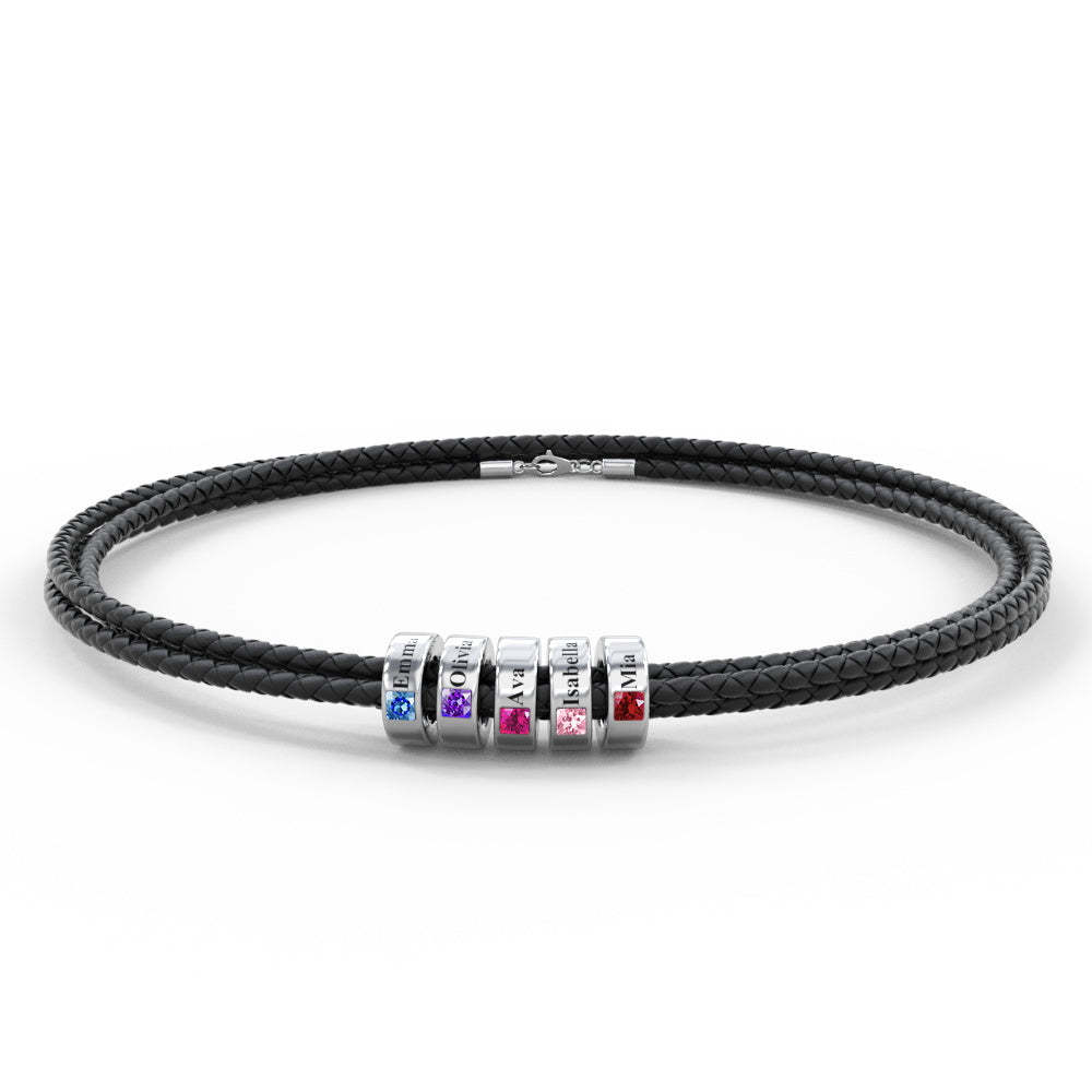 Custom Engraved Name Leather Bracelet With Birthstone Beads for Him - yournamenecklaceau