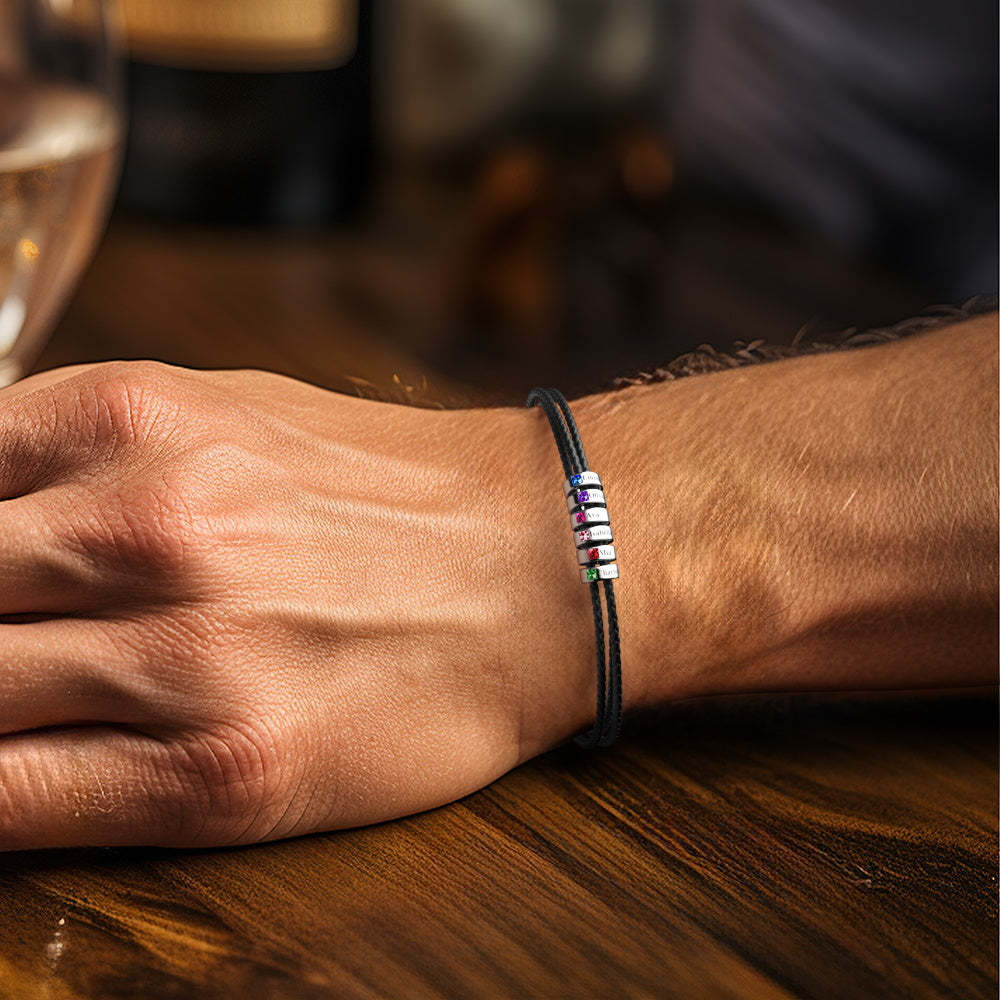Custom Engraved Name Leather Bracelet With Birthstone Beads for Him - yournamenecklaceau