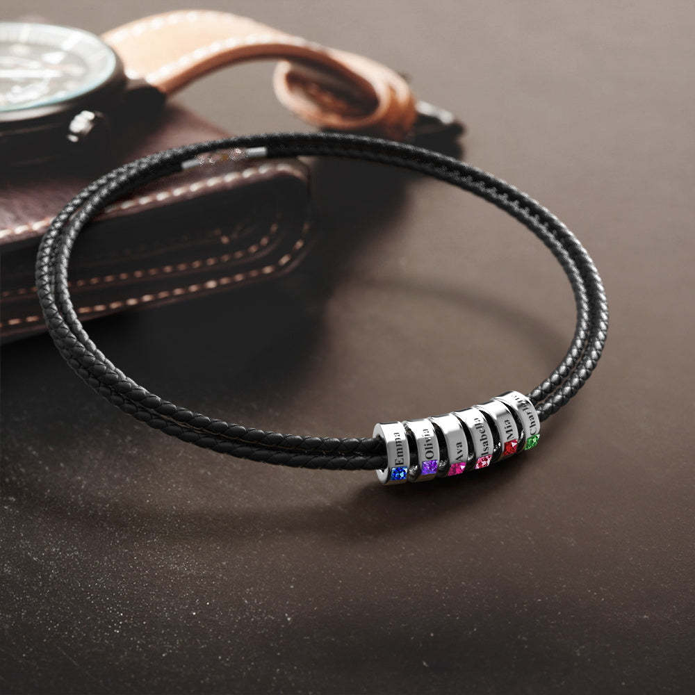 Custom Engraved Name Leather Bracelet With Birthstone Beads for Him - yournamenecklaceau
