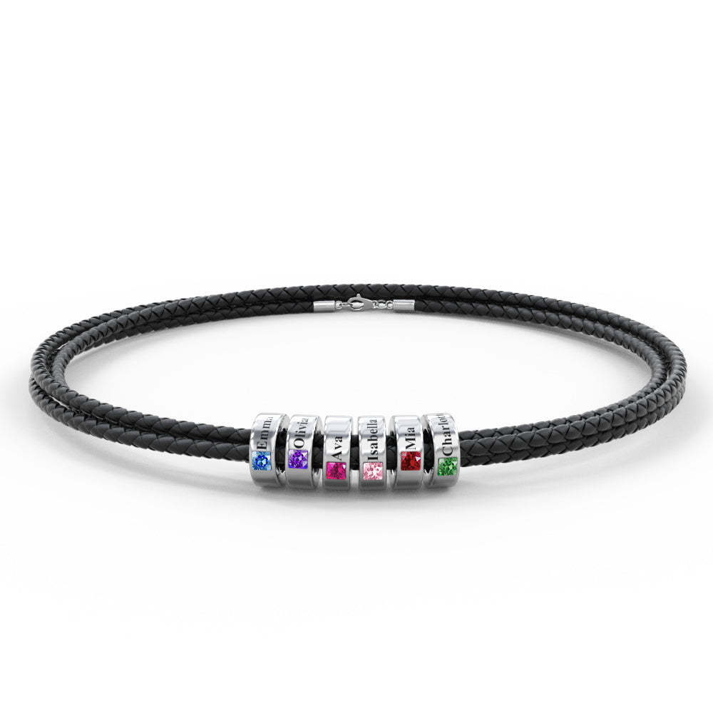 Custom Engraved Name Leather Bracelet With Birthstone Beads for Him - yournamenecklaceau