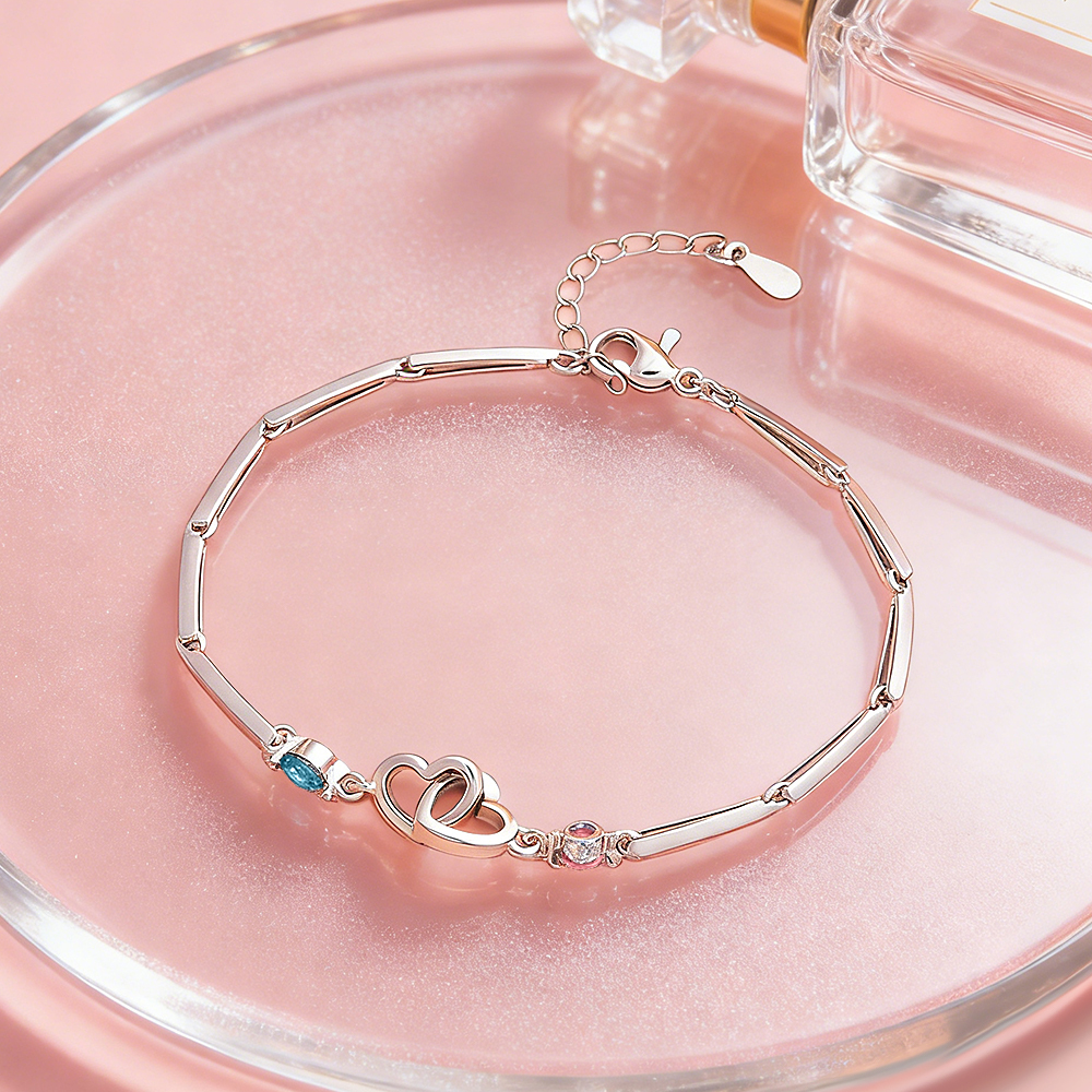 Custom Engraved Double-Heart Bracelet with Two Birthstones Personalized Keepsake for Grandmother & Grandchild