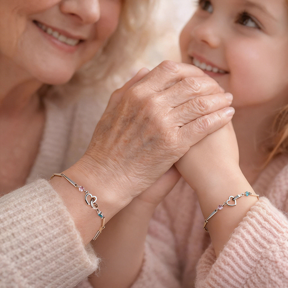 Custom Engraved Double-Heart Bracelet with Two Birthstones Personalized Keepsake for Grandmother & Grandchild