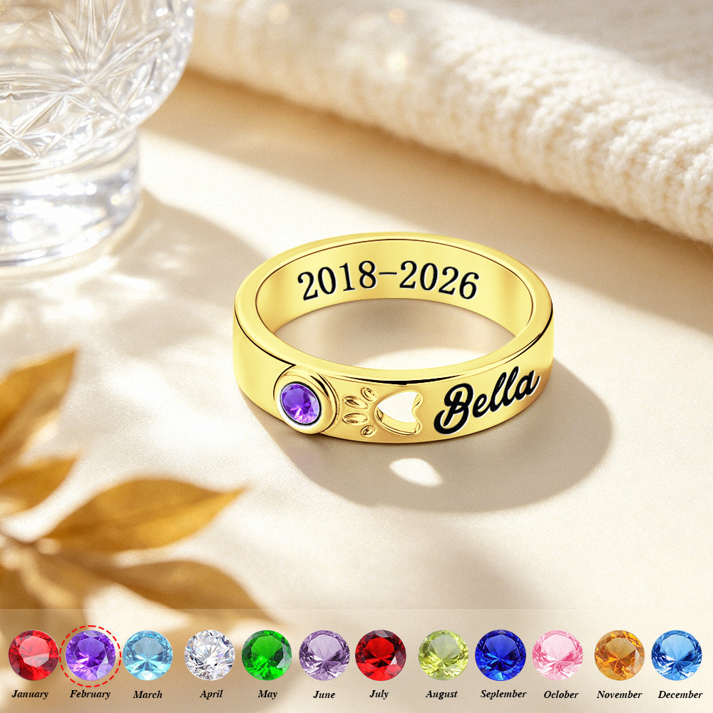Personalized Pet Memorial Ring with Birthstone – Custom Engraved Remembrance Jewelry - NameNecklaceAU