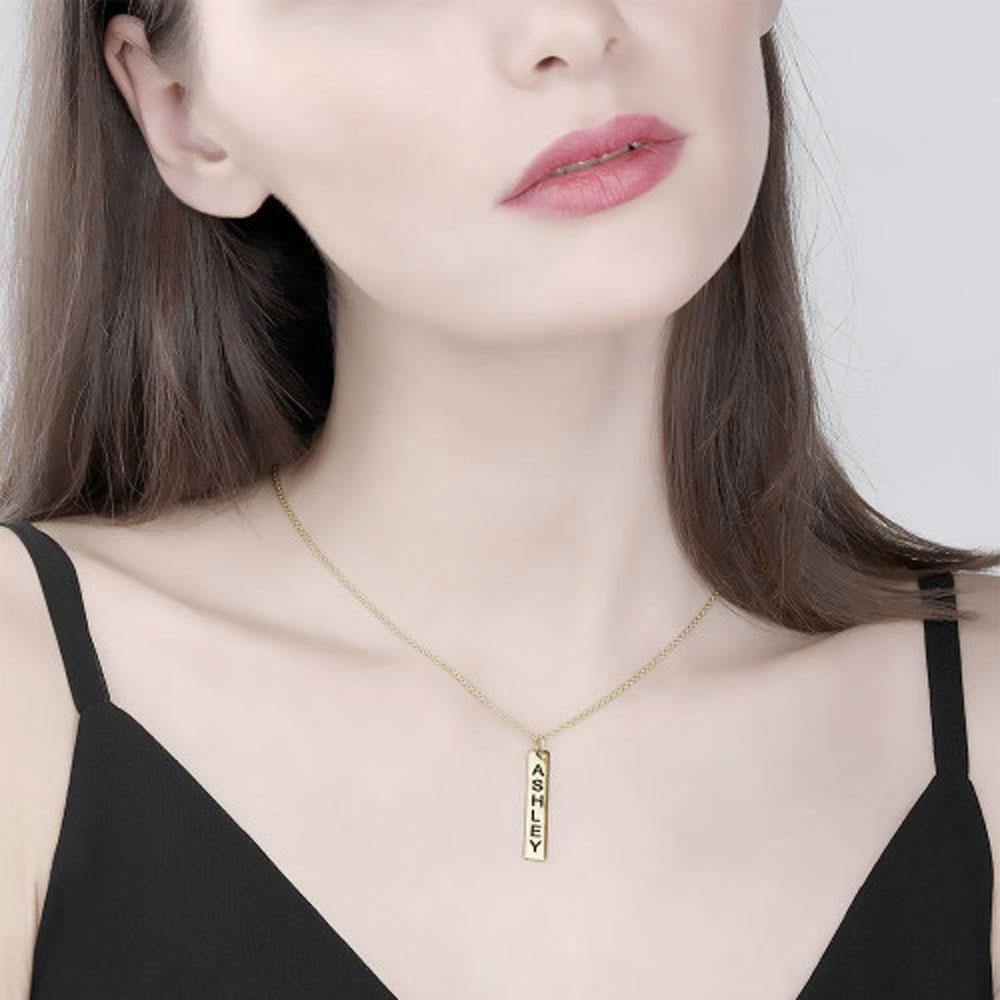 Vertical Bar Necklace with Engraving 14k Gold Plated