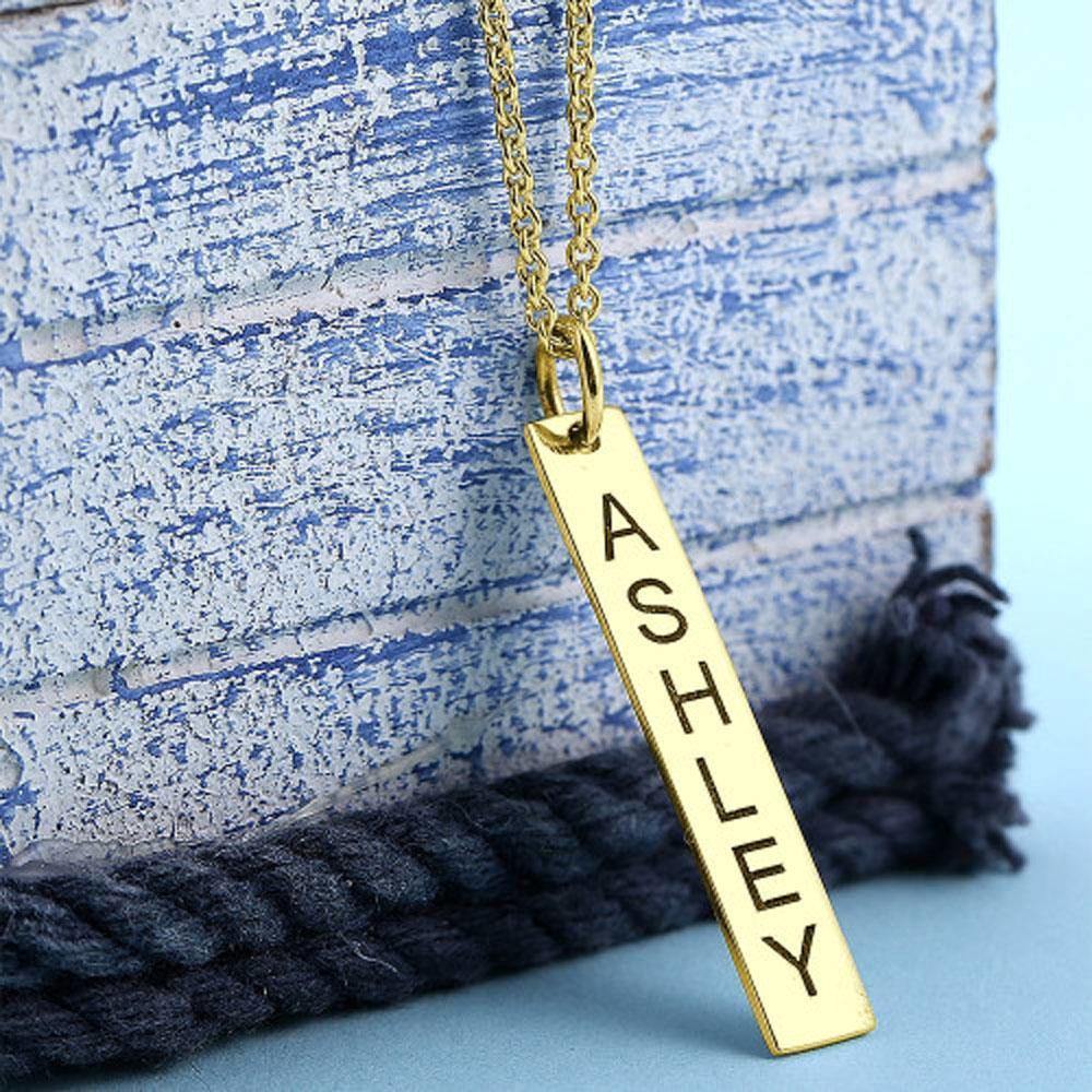 Vertical Bar Necklace with Engraving 14k Gold Plated