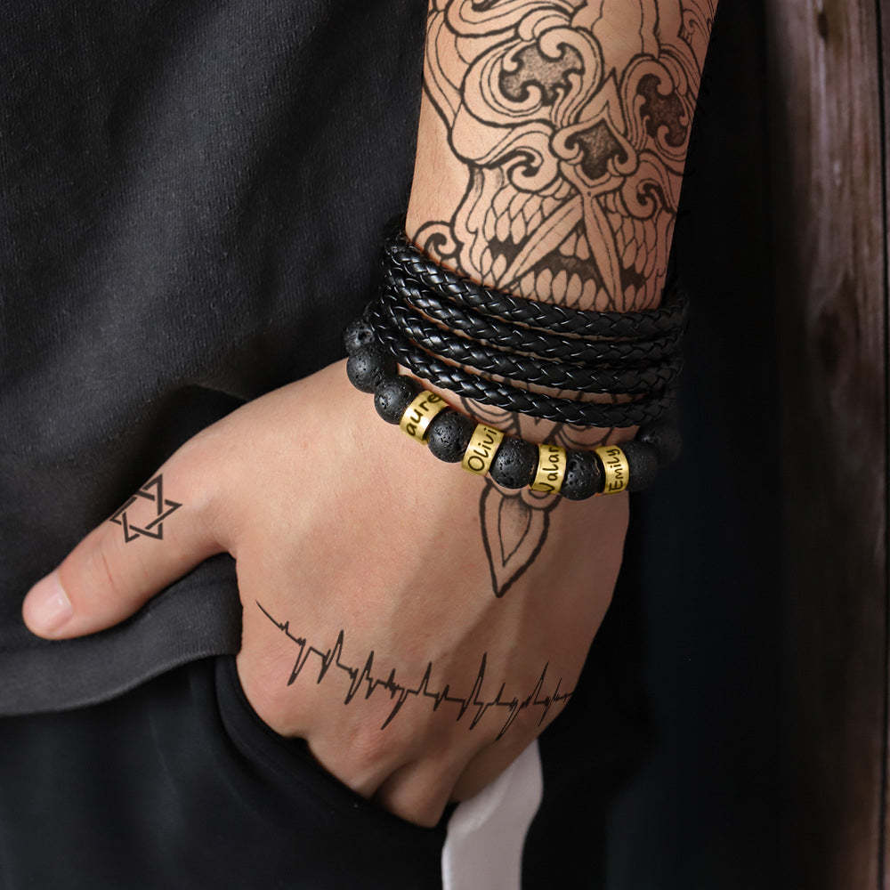 Personalized Name Black Lava Stone Bead Bracelet Gift for Men Husband Father Grandfather - yournamenecklaceau