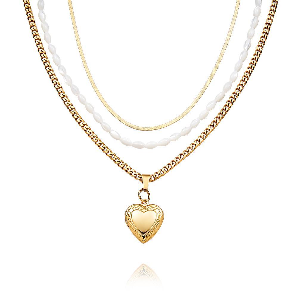 Triple Chain Set Photo Necklace Heart-shaped Personalized Photo Necklace Gift For Women - yournamenecklaceau