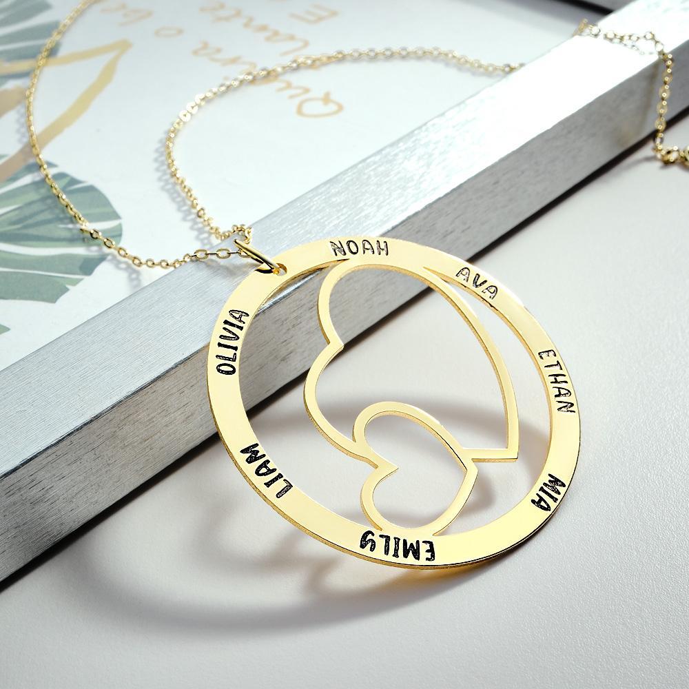 Engraved Name Necklace With Double Hearts Circle Elegant Pendant Jewelry Gifts For Her - yournamenecklaceau