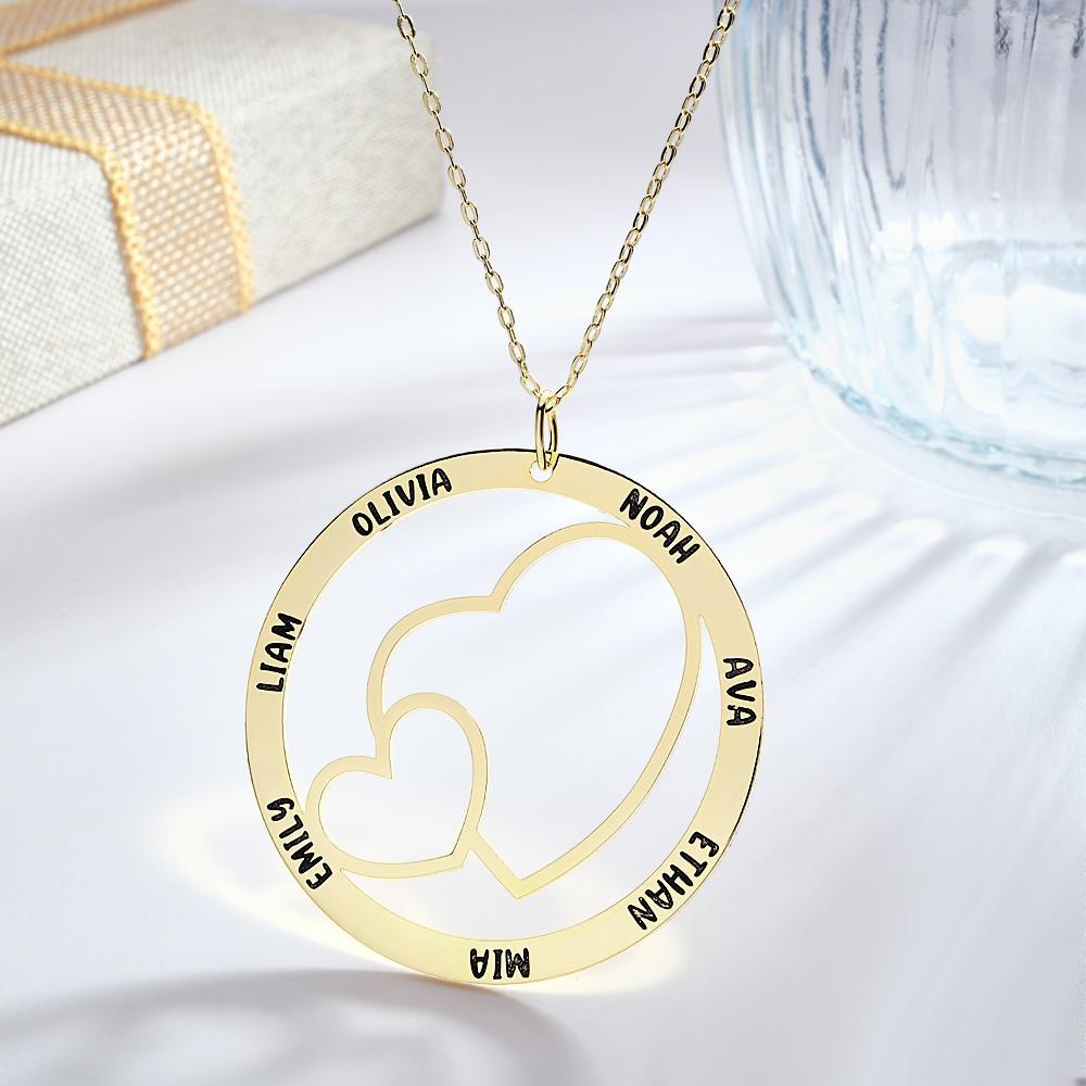 Engraved Name Necklace With Double Hearts Circle Elegant Pendant Jewelry Gifts For Her - yournamenecklaceau