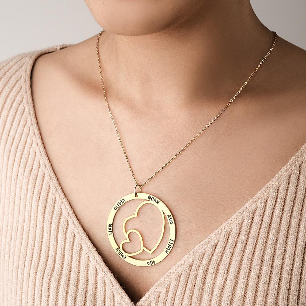Engraved Name Necklace With Double Hearts Circle Elegant Pendant Jewelry Gifts For Her - yournamenecklaceau