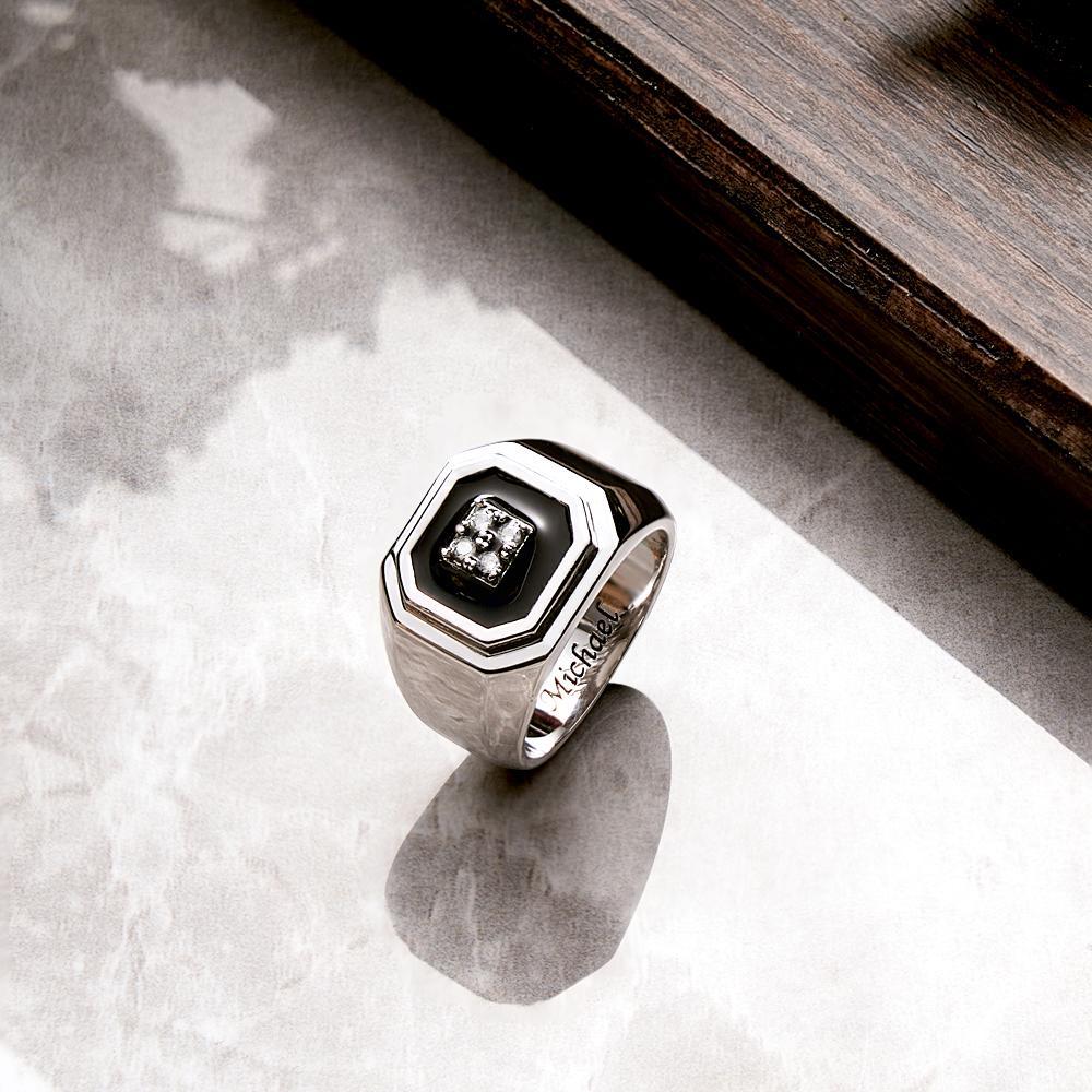 Engraved Ice Ring Black Decor Bright Stone Jeweley Ring For Men - yournamenecklaceau