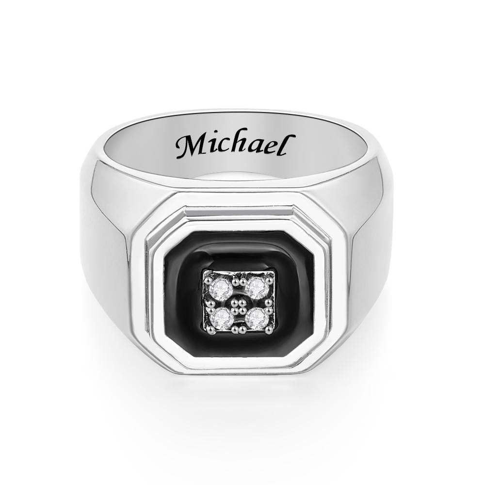 Engraved Ice Ring Black Decor Bright Stone Jeweley Ring For Men - yournamenecklaceau
