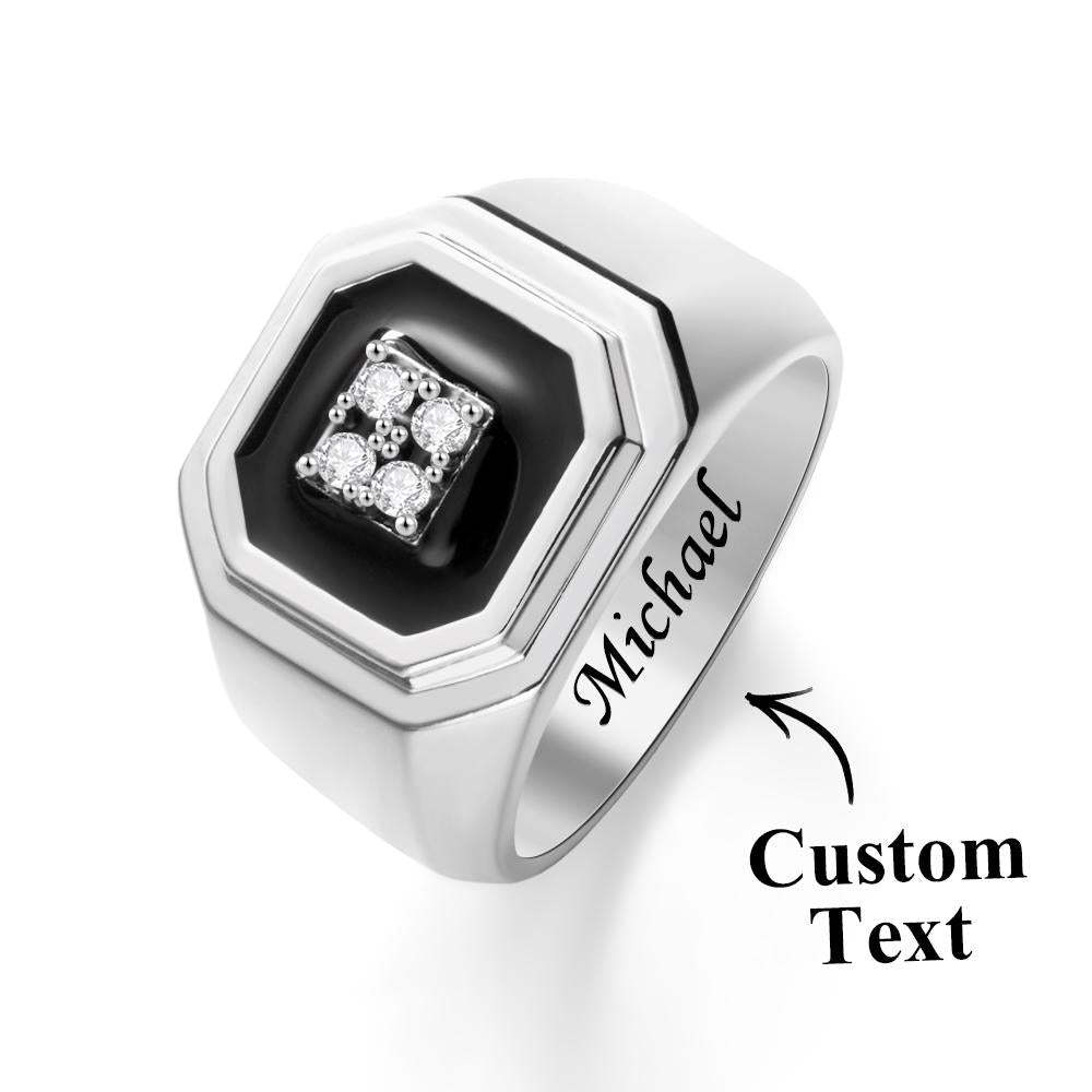 Engraved Ice Ring Black Decor Bright Stone Jeweley Ring For Men - yournamenecklaceau