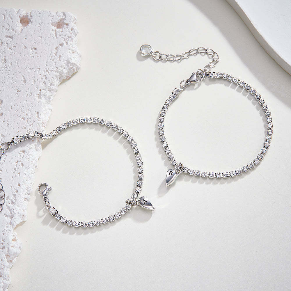 Custom Engraved Magnetic Tennis Bracelet Set All Diamonds Heart Shaped Matching Bracelet Gift For Couples - yournamenecklaceau