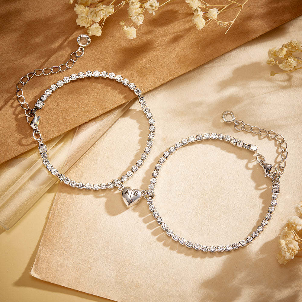 Custom Engraved Magnetic Tennis Bracelet Set All Diamonds Heart Shaped Matching Bracelet Gift For Couples - yournamenecklaceau
