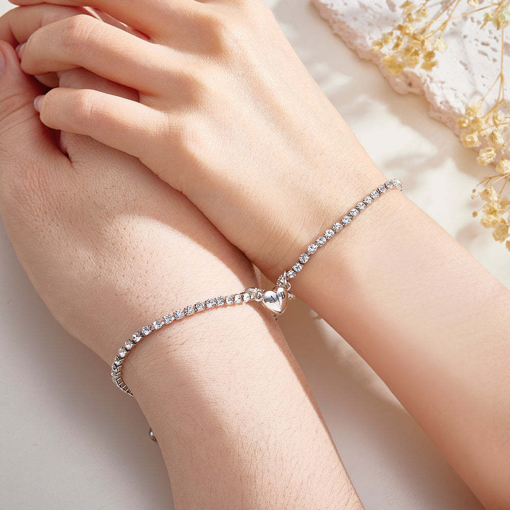 Custom Engraved Magnetic Tennis Bracelet Set All Diamonds Heart Shaped Matching Bracelet Gift For Couples - yournamenecklaceau