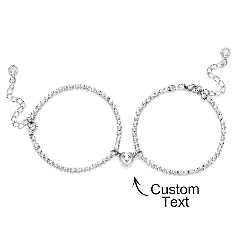 Custom Engraved Magnetic Tennis Bracelet Set All Diamonds Heart Shaped Matching Bracelet Gift For Couples - yournamenecklaceau