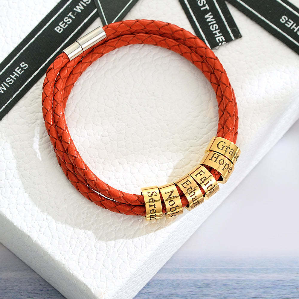 Men Braided Leather Bracelet with Small Custom Beads - yournamenecklaceau