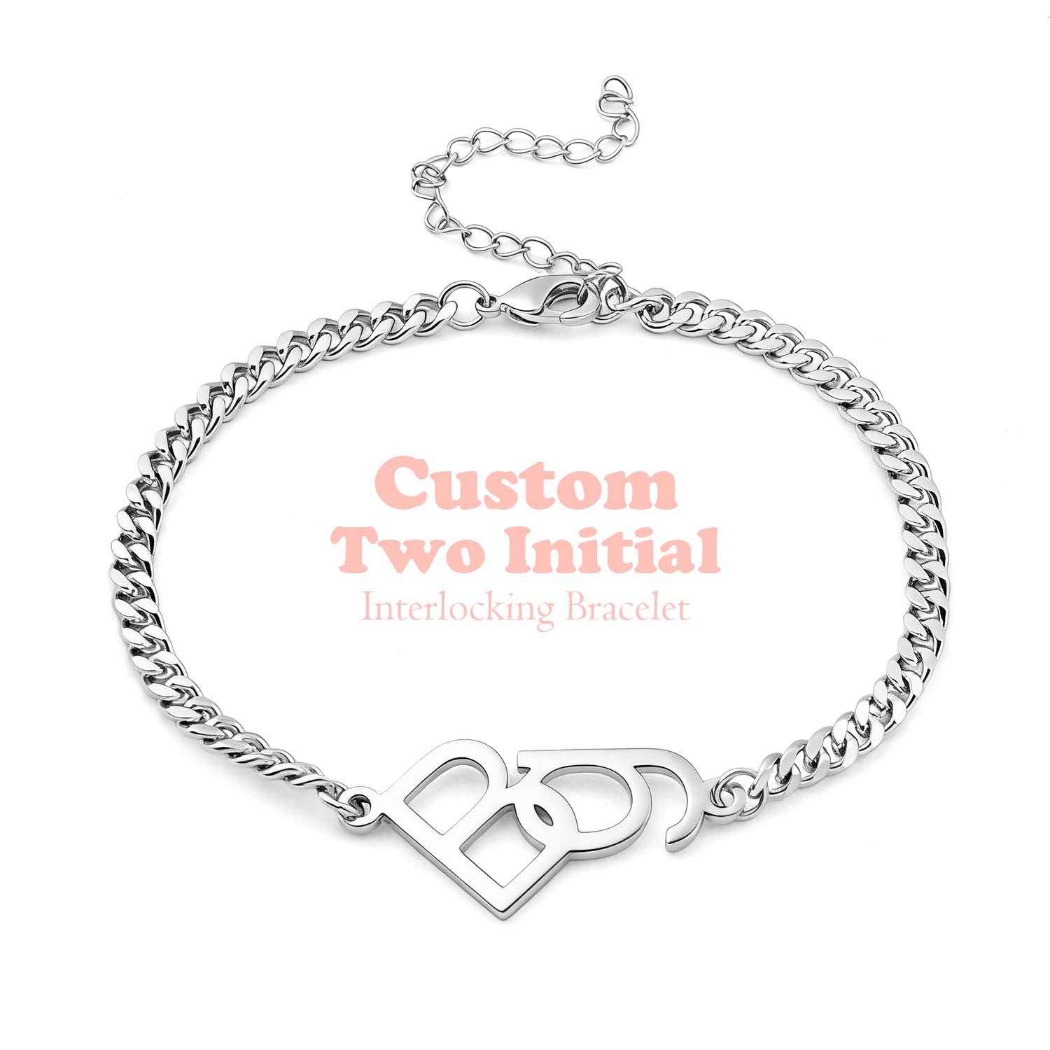 Personalized Interlocking Initial Bracelet Custom Two-Initial Curb Chain Bracelet Couples Bracelet with Intertwined Letters Relationship Gifts for Her