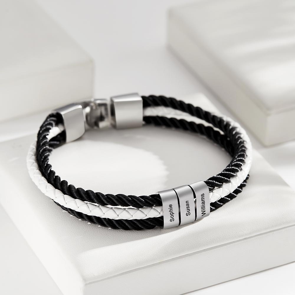 Custom Engraved Bracelet Mens Braided Layered Leather Gifts - yournamenecklaceau