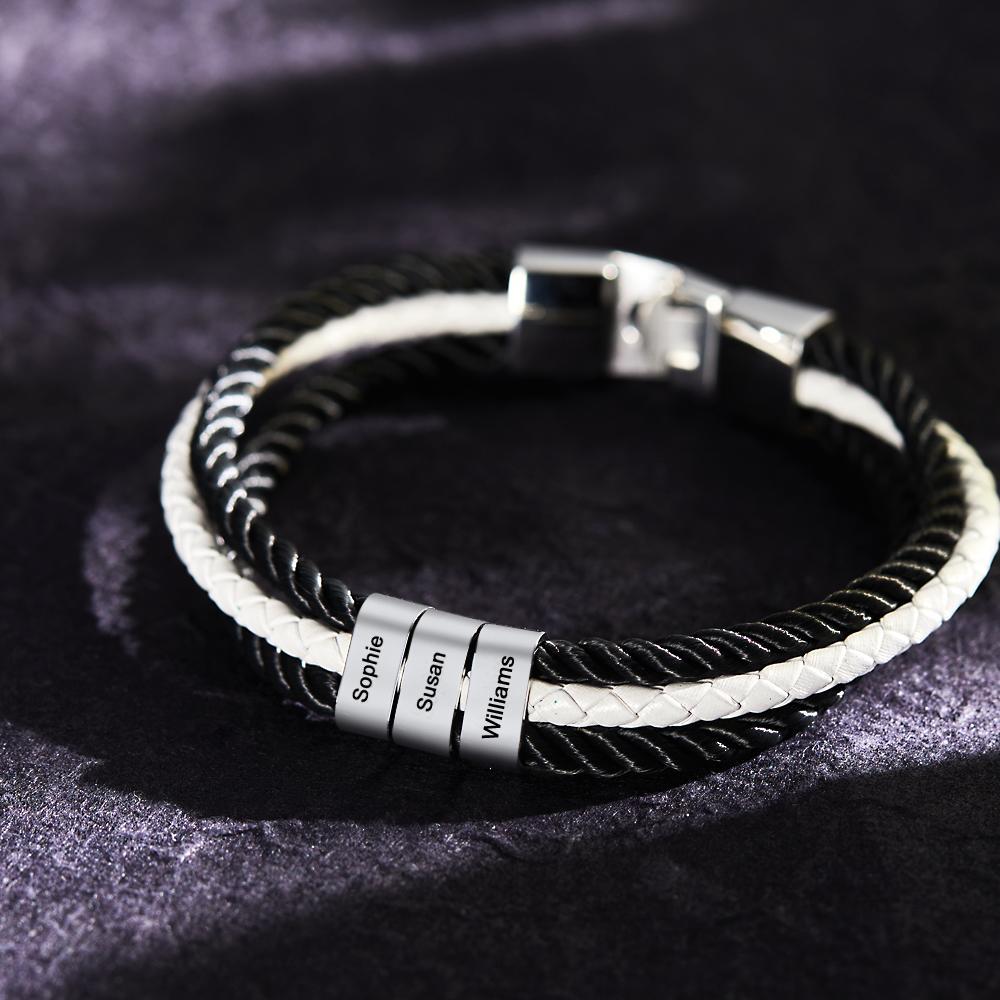 Custom Engraved Bracelet Mens Braided Layered Leather Gifts - yournamenecklaceau