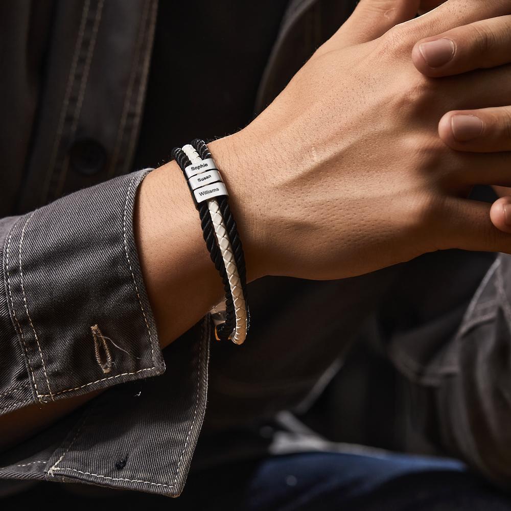 Custom Engraved Bracelet Mens Braided Layered Leather Gifts - yournamenecklaceau