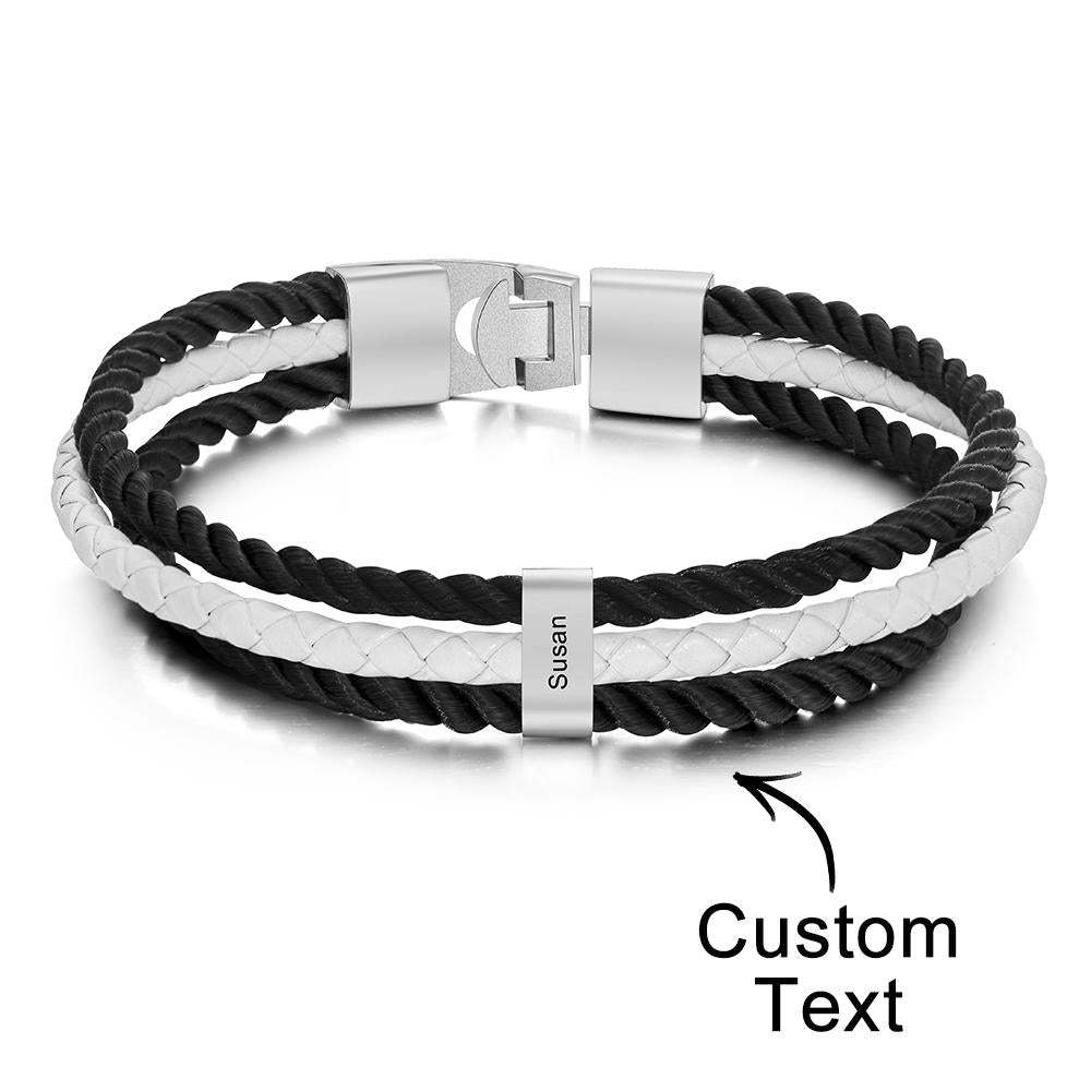 Custom Engraved Bracelet Mens Braided Layered Leather Gifts - yournamenecklaceau