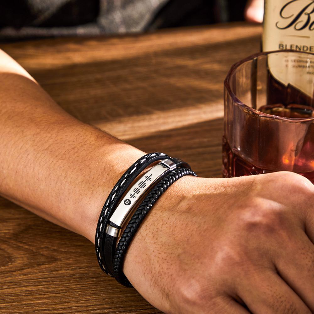 Scannable Spotify Code Bracelet Personalized Multy Layer Leather Bracelet for Men - yournamenecklaceau
