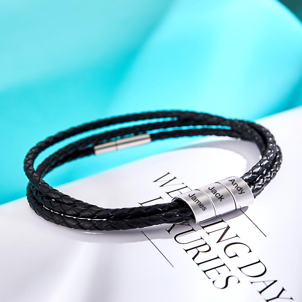 Personalized Braided Leather Bracelet Custom Name Fashion Multy Layer Bracelet for Men - yournamenecklaceau