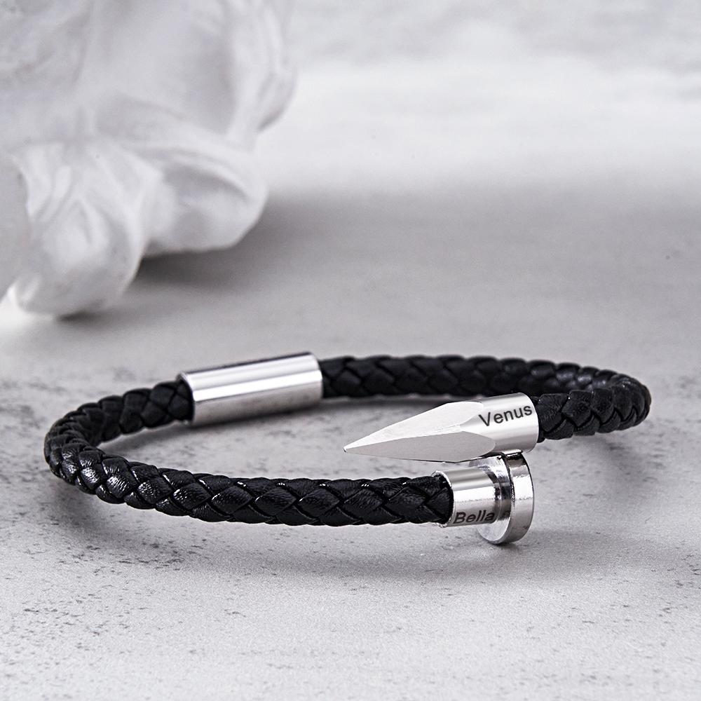 Engraved Leather Nail Bracelet Personalized Vintage Rope Bracelet Gifts For Him - yournamenecklaceau
