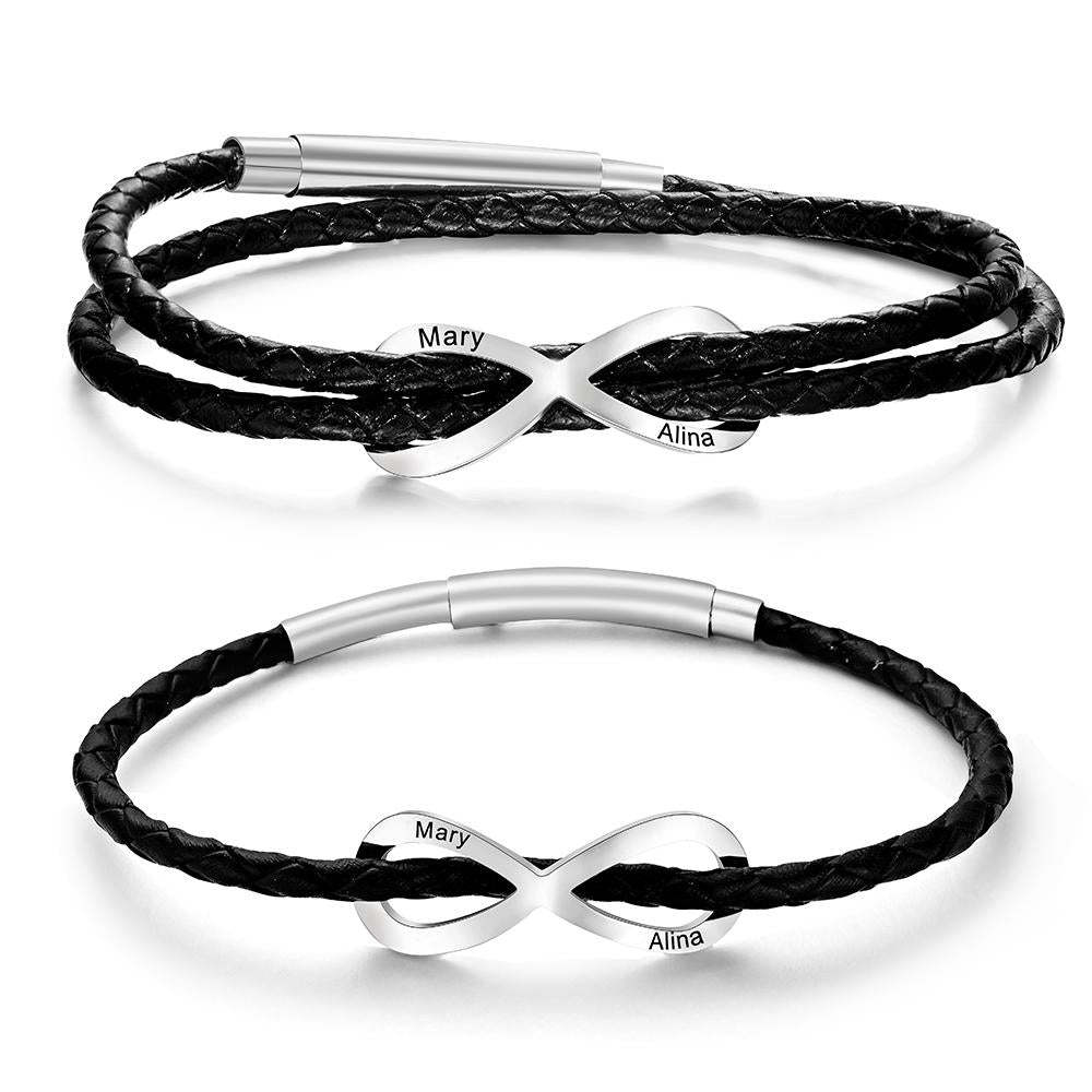 Engraved Infinity Sign Bracelet Set Personalized Leather Bracelet For Couples - yournamenecklaceau