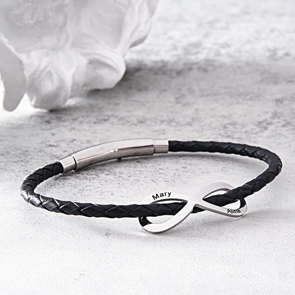 Engraved Infinity Sign Bracelet Set Personalized Leather Bracelet For Couples - yournamenecklaceau
