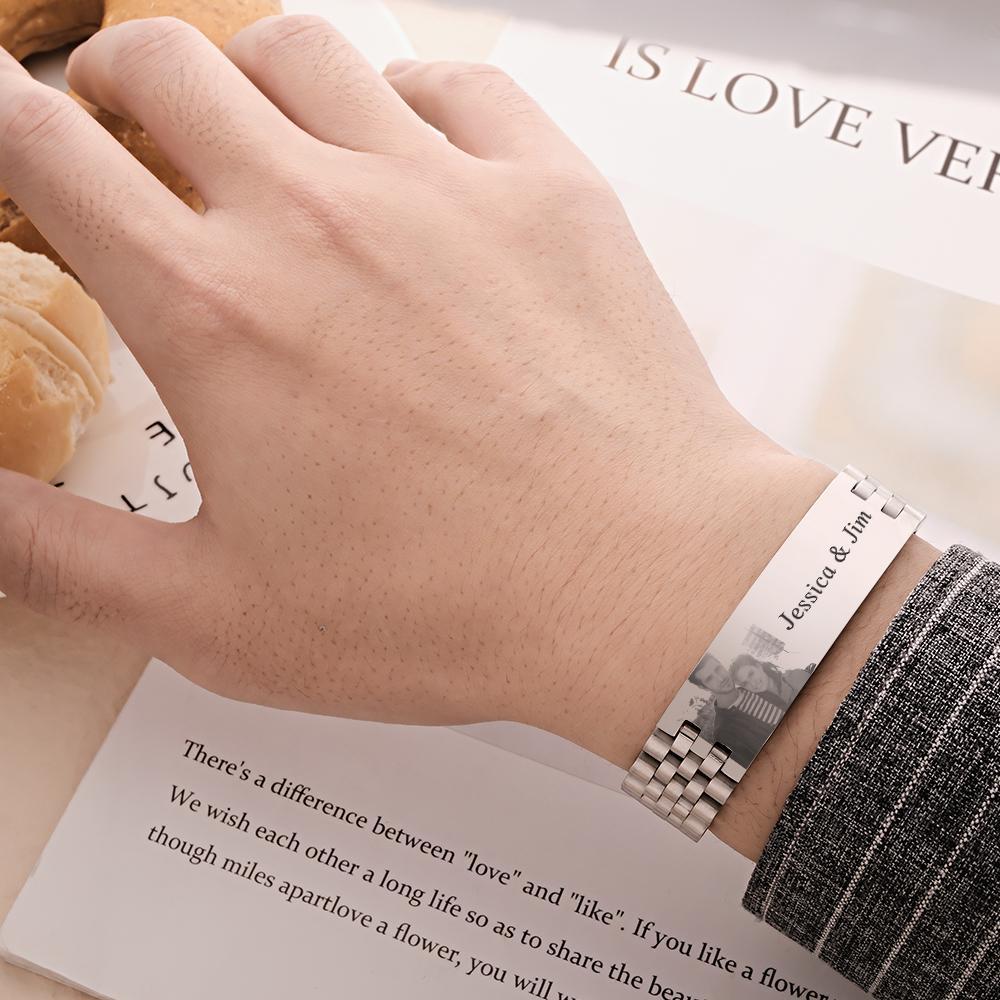 Personalized Photo Wide Bracelet With Text Engraved Vintage Bracelet Gifts For Him - yournamenecklaceau