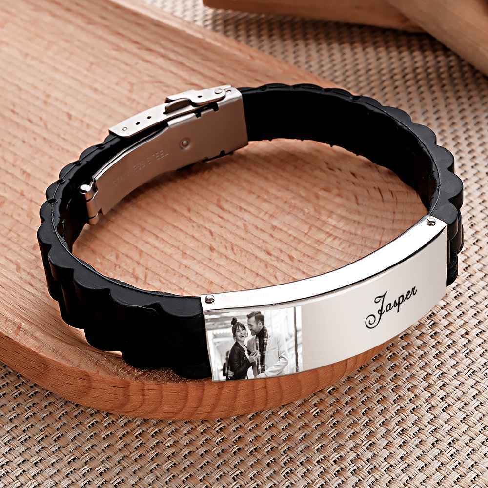 Custom Photo Silicone Bracelet Engraved Vintage Wide Bracelet For Men - yournamenecklaceau