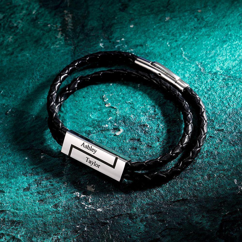Men's Leather Bracelet Personalised Leather Wrap Bracelet, Engraved Name Bracelet Couple's Gifts