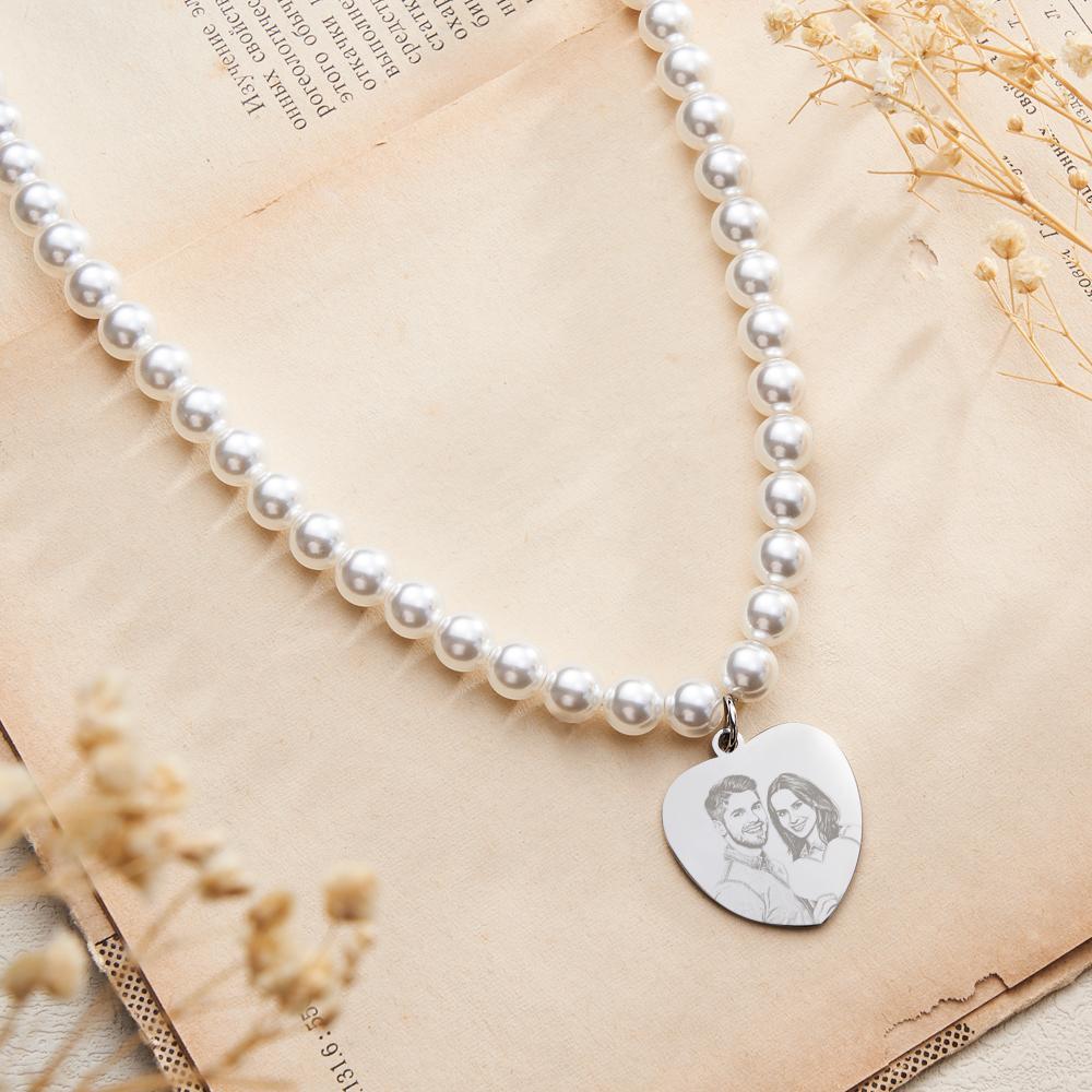 Custom Photo Engraved Necklace Pearl Chain Heart Gift - yournamenecklaceau
