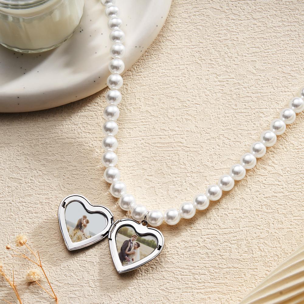 Custom Photo Engraved Necklace Pearl Heart Couple Gift - yournamenecklaceau