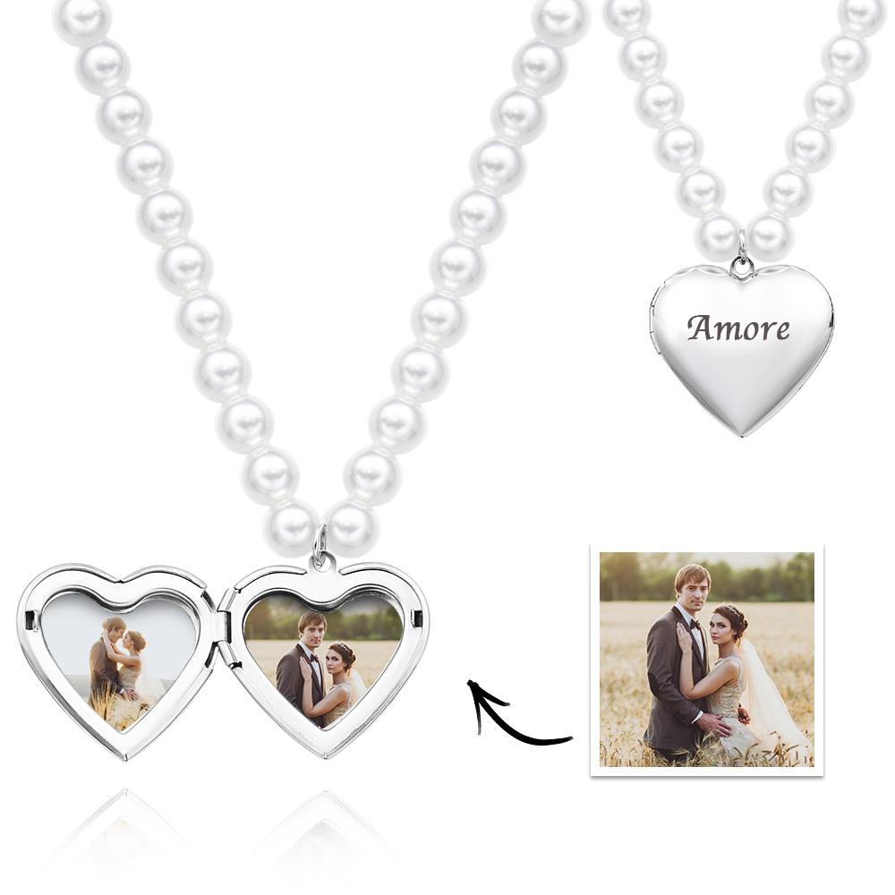 Custom Photo Engraved Necklace Pearl Heart Couple Gift - yournamenecklaceau
