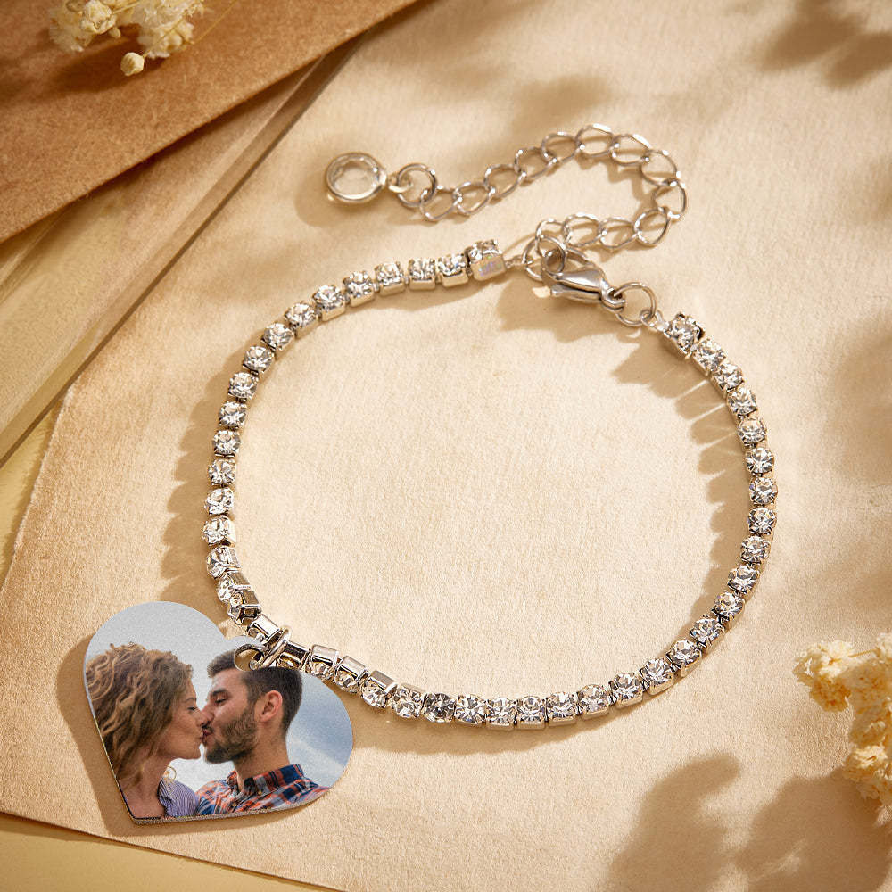 Custom Heart Photo Tennis Bracelet Love Pendant All Diamonds Bracelet Gift For Her - yournamenecklaceau