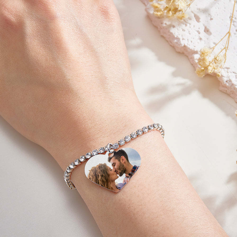 Custom Heart Photo Tennis Bracelet Love Pendant All Diamonds Bracelet Gift For Her - yournamenecklaceau