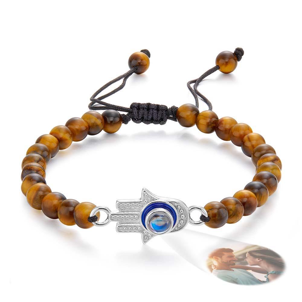 Custom Photo Projection Bracelet Tiger Eye Beaded Hamsa Evil Eye Men's Amulet Bracelet for Him - yournamenecklaceau