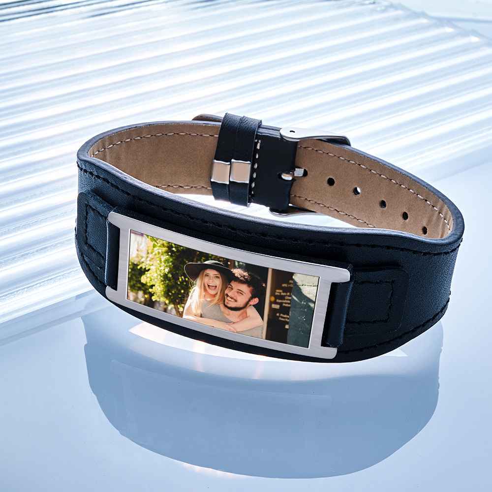 Personalized Photo Leather Bracelet Vintage Wide Bracelet For Men - yournamenecklaceau